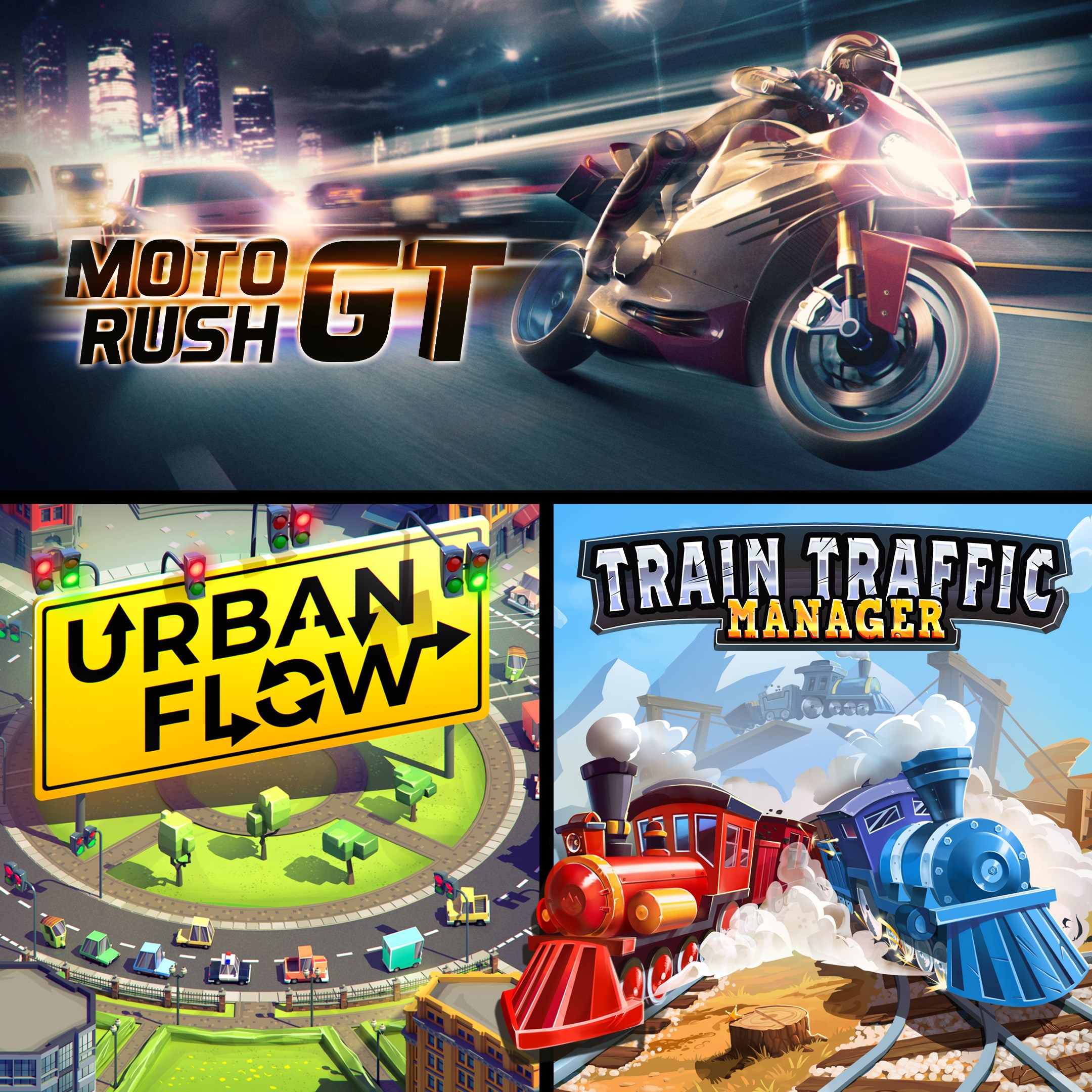 Moto Rush GT + Urban Flow + Train Traffic Manager. Изображение 1